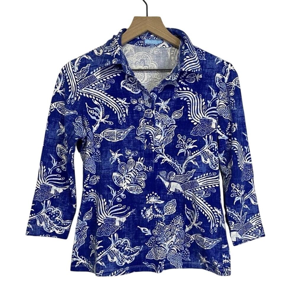 J. McLaughlin Henley Shirt Womens Small Abstract Long Sleeve Blue White Stretch